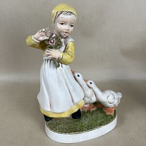 VTG HOLLAND MOLD Girl Holding Flowers w/2 ducks Hand Painted 1970s Signed H.Rupe